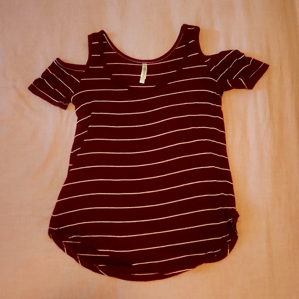 Love Charm Maroon & White Cold Shoulder Striped Blouse